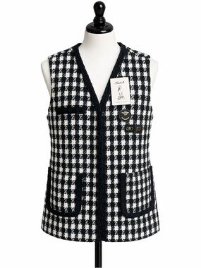 Women’s Houndstooth Tweed Vest Black White Sleeveless Jacket Size XL NWT Classic